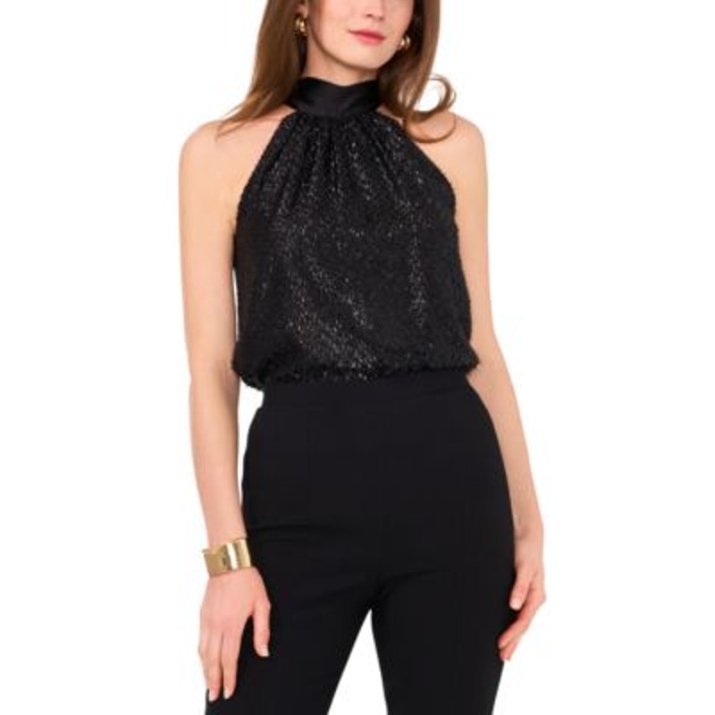 1.STATE Women's Textured Tie-Back Halter Top in Rich Black Metallic