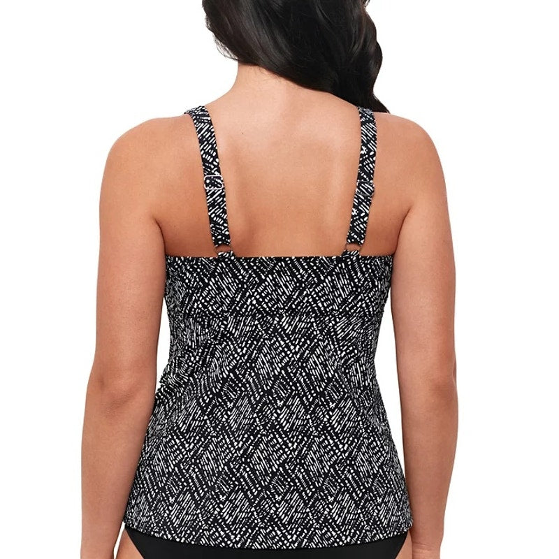 Swim Solutions Women's Printed Triple Tier Tankini Top In Black White