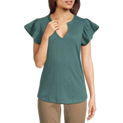 Democracy Ribbed Split V-Neck Cap Sleeve Shirttail Hem Top in Posy Green