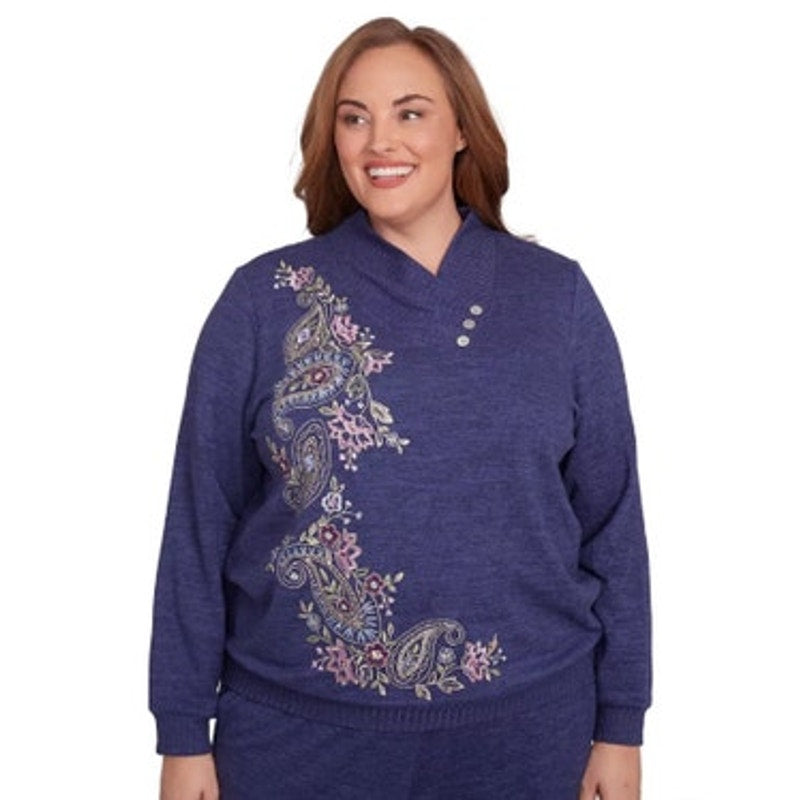 Alfred Dunner Women's Plus Size Floral Embroidered Sweater in French Blue