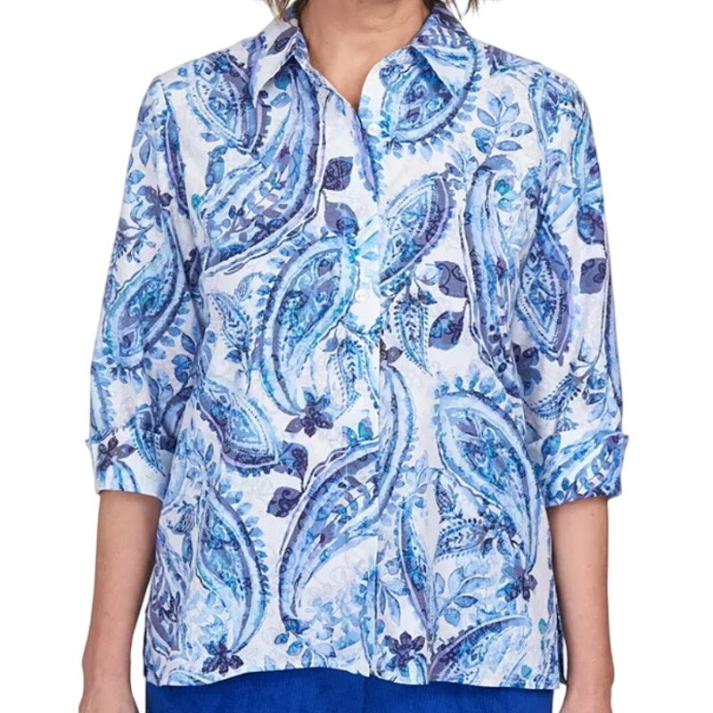 Alfred Dunner Women's Classics Floral Print Collared Button-Up Top in Blue White