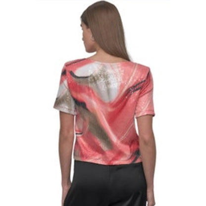 DKNY Women's Short Sleeve Sequinned Brushed Marble Top in Orange