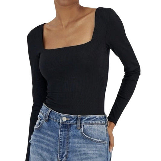 And Now This Women's Ribbed Square Neck Long Sleeve Top in Black