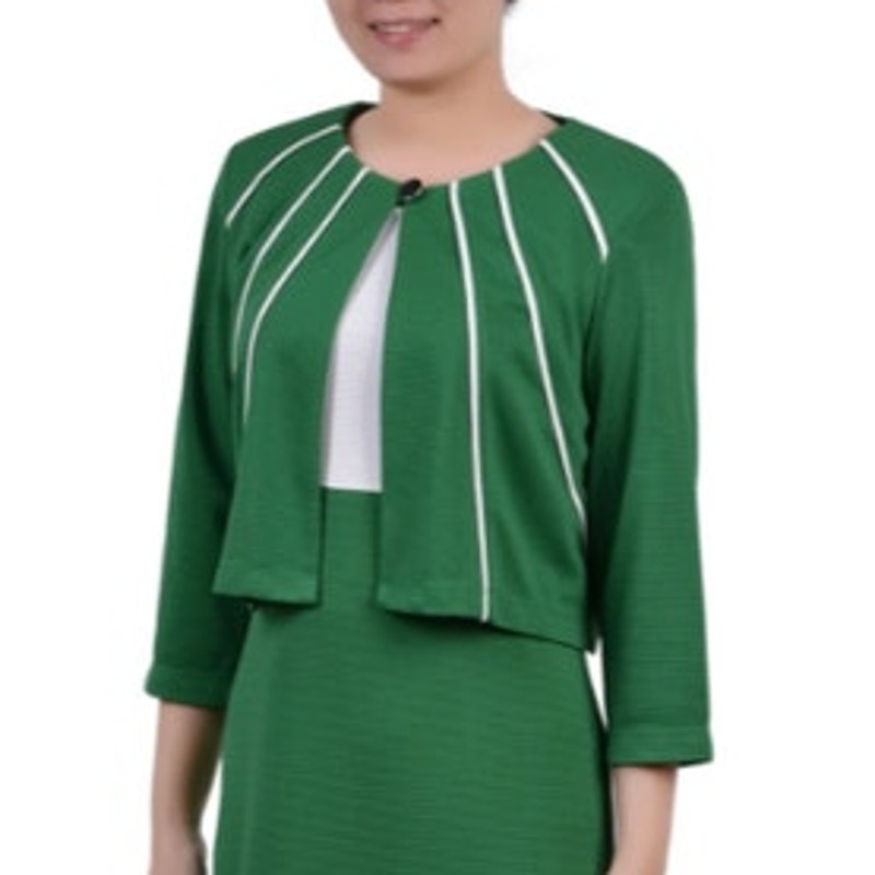 NY Collection Women's Petite Textured-Knit Cropped Suit Jacket in Emerald Green