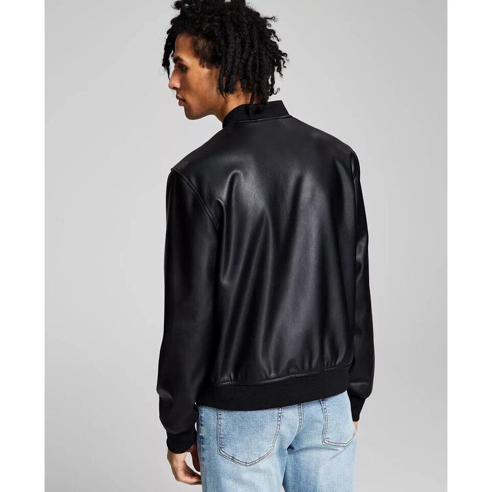 AND NOW THIS Men's Faux Leather Bomber Jacket In Black