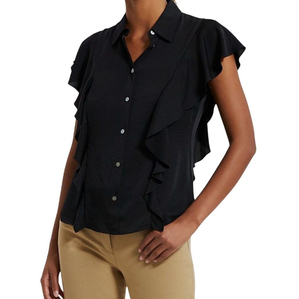 Theory Women's Black Ruffle Cap Sleeve Silk Georgette Blouse Top, Size Medium