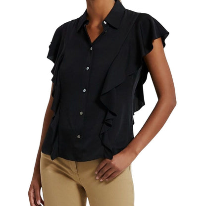Theory Women's Black Ruffle Cap Sleeve Silk Georgette Blouse Top, Size Medium