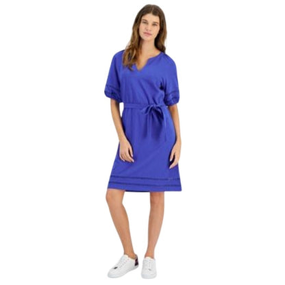 Tommy Hilfiger Women's Cotton Belted Puff-Sleeve Dress in Provence Blue