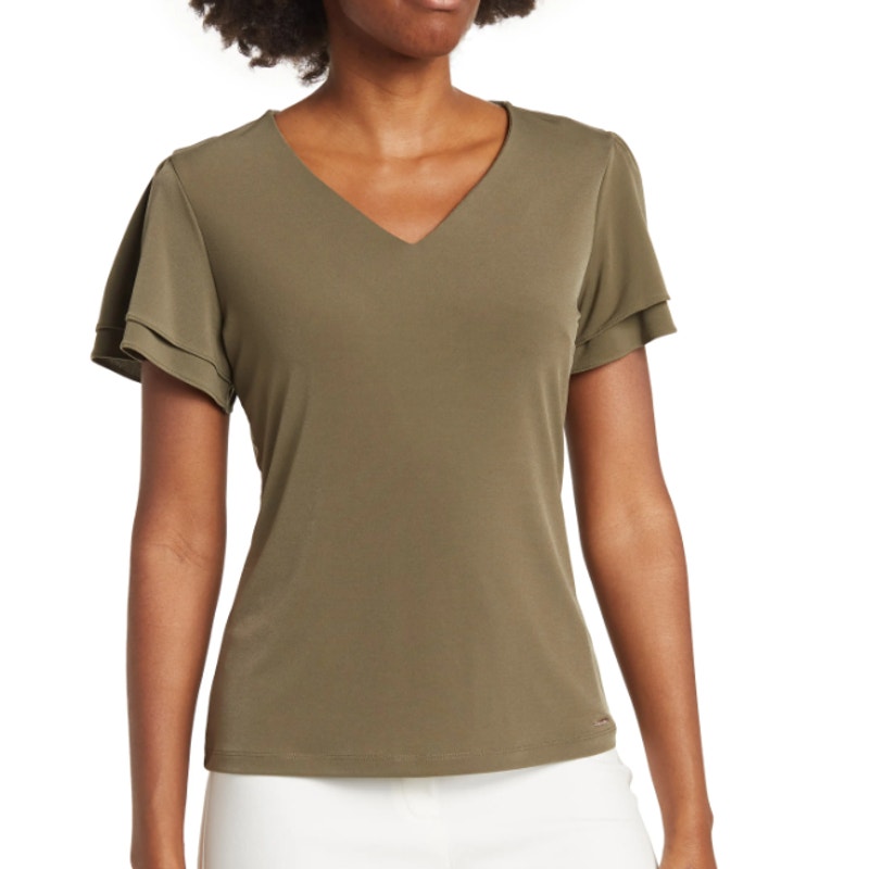 Calvin Klein Women's Army Green Flutter Sleeve V-Neck Top