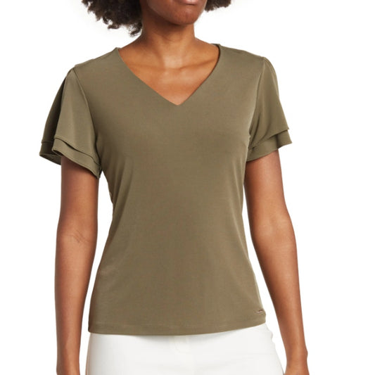 Calvin Klein Women's Army Green Flutter Sleeve V-Neck Top