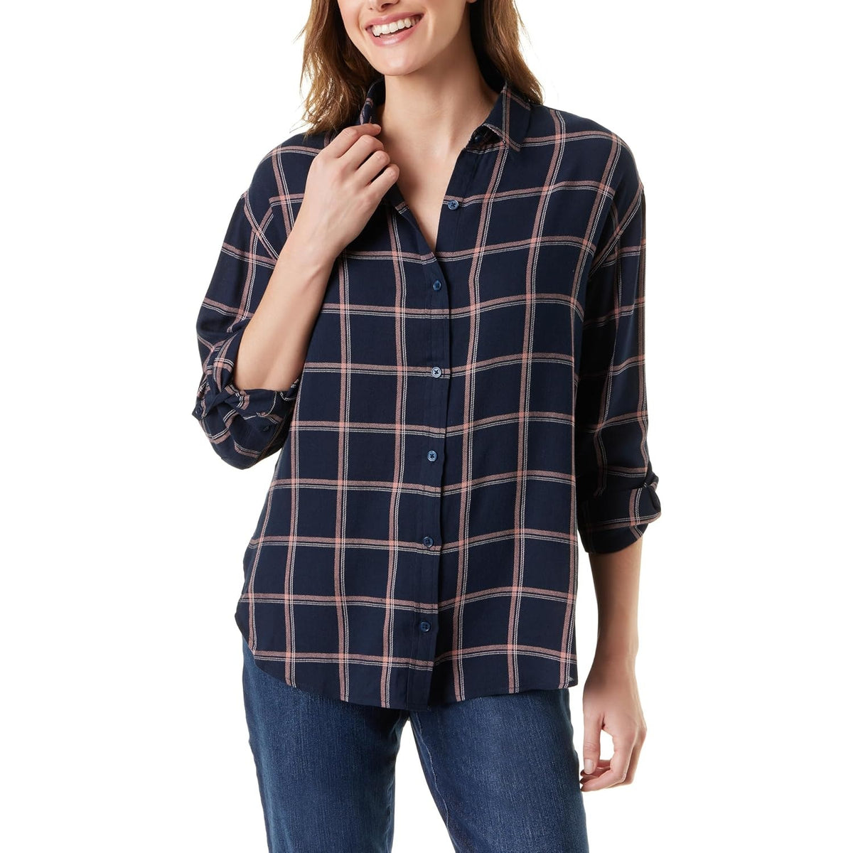Gloria Vanderbilt Women's Amanda Button-Up Top in Midnight Affair Plaid