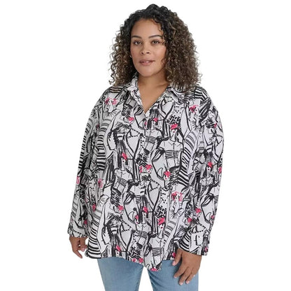Karl Lagerfeld Paris Women’s Plus Size Printed Collared Button-Front Shirt