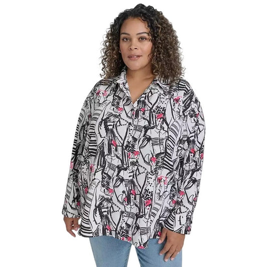 Karl Lagerfeld Paris Women’s Plus Size Printed Collared Button-Front Shirt