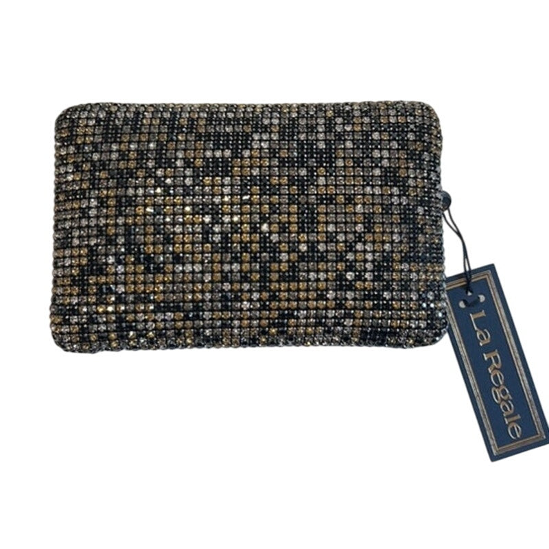 La Regale Black, Silver, & Gold Luxury Mesh Rhinestone Studded Minadiere Clutch!