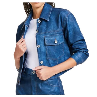 Bar III Women's Faux-Leather Denim-Finish Trucker Jacket in Cadet Dusk Blue