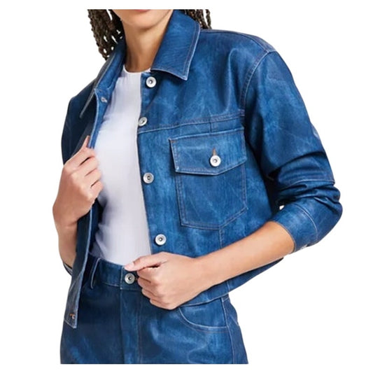 Bar III Women's Faux-Leather Denim-Finish Trucker Jacket in Cadet Dusk Blue