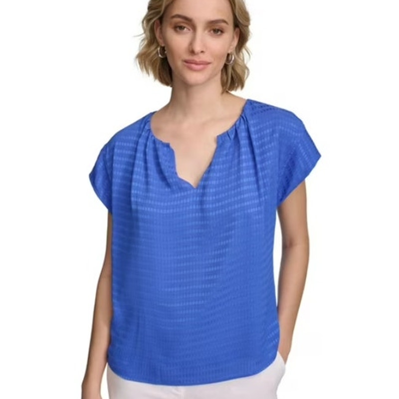 Calvin Klein Women's Cap Sleeve Pleated V-Neck Top in Royal Blue