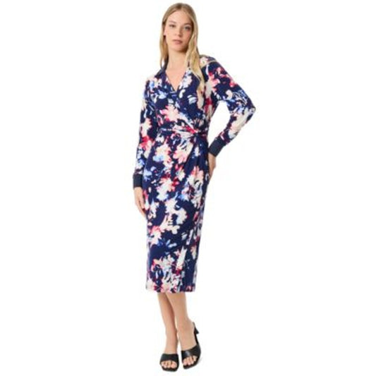 Jones New York Women's Collared Twisted Wrap Dress in Pacific Navy Floral