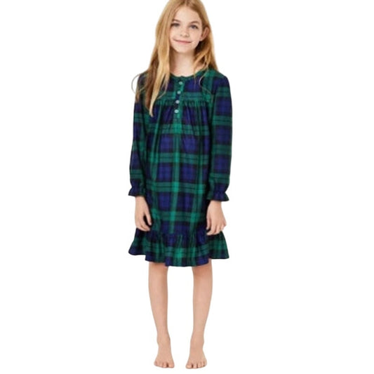 Family Pajamas Girl Kids Black Watch Blue & Green Plaid Nightgown, Size Medium 8