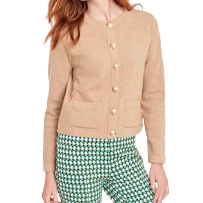 On 34th Women's Crewneck Button-Front Cardigan in Warm Camel Heather
