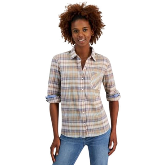 Nautica Women's Plaid Long Sleeve Roll-Tab Button Up Top in Bridal Rose Pink Tan