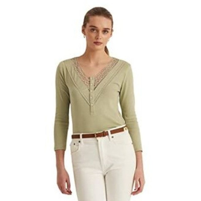 Lauren Ralph Lauren Women's Ranch Sage Lace Trim "Henley" Blouse