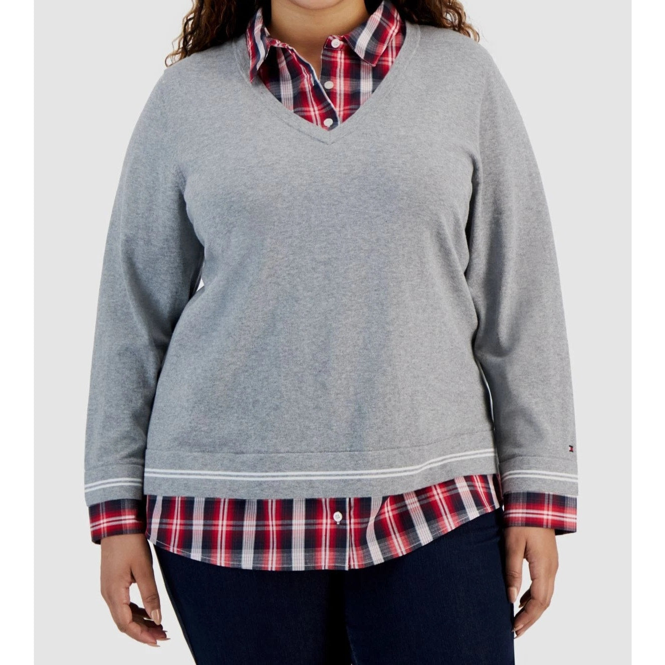 Tommy Hilfiger Plus Size Plaid Twofer Layered Look Sweater In Grey Multi