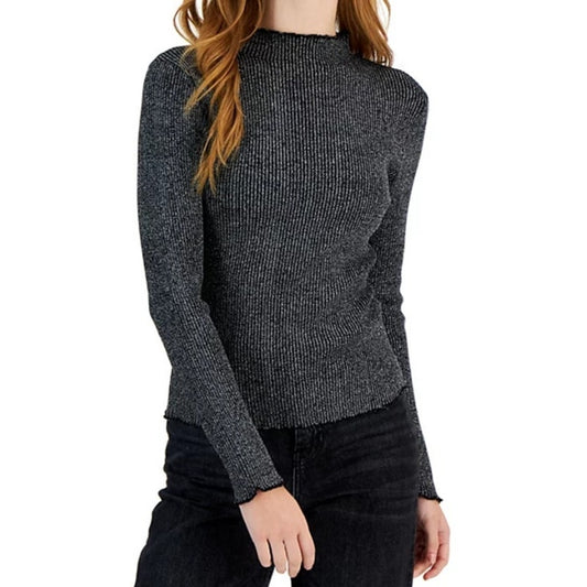 Crave Fame Juniors Ribbed Mock Neck Top in Lurex Black