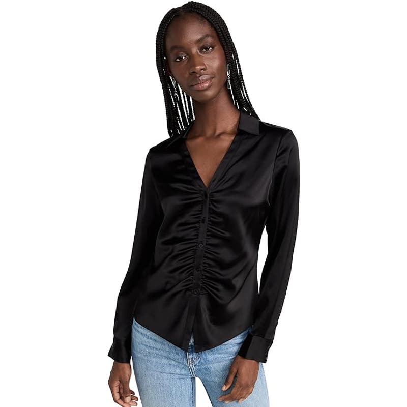 Theory Ruched Button-Up Shirt in Satin Black