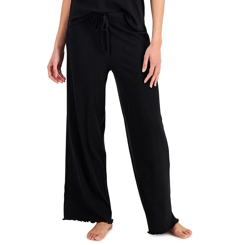 Jenni Ladies Solid Black Ribbed Pajama Pants w/ Lettuce Trim & Drawstring Waist