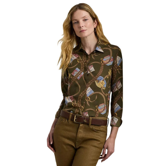 Lauren Ralph Lauren Women's Travel Printed Shirt in Farm Olive Green, Size PXS