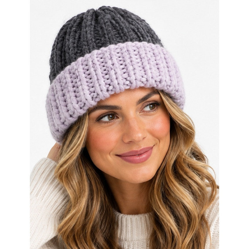KYI KYI HAND MADE KNITTED HAT BEANIE IN CHARCOAL AND LILAC
