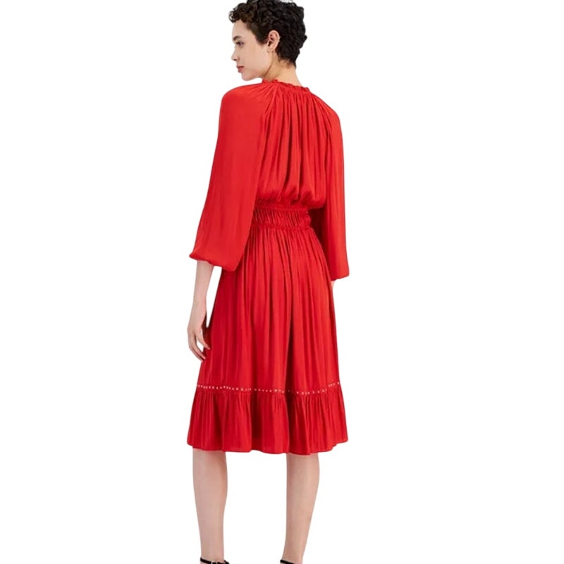 T Tahari Women's Split-Neck 3/4 Sleeve Dress in Tomato Red