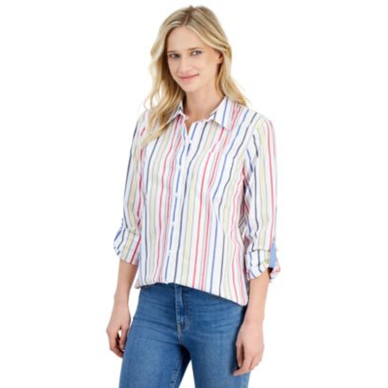 Nautica Jeans Women's Gateway Cotton Striped Button Up Top in Bright Red