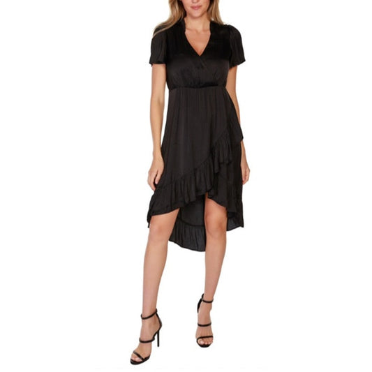 Belldini Women's Ruffle-Trim Short-Sleeve V-Neck Midi Dress in Black Dot Print