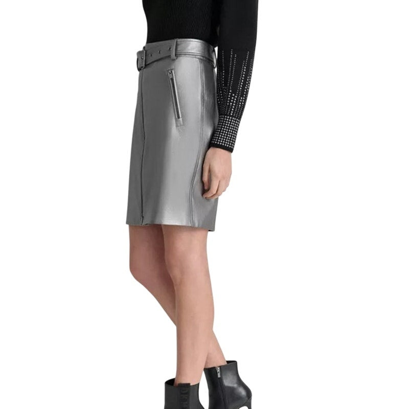 DKNY Women's Metallic Faux-Leather Skirt in Gunmetal Gray