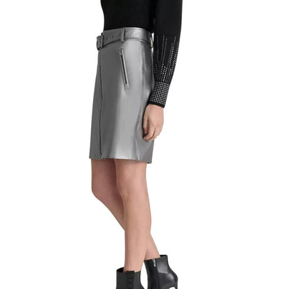 DKNY Women's Metallic Faux-Leather Skirt in Gunmetal Gray