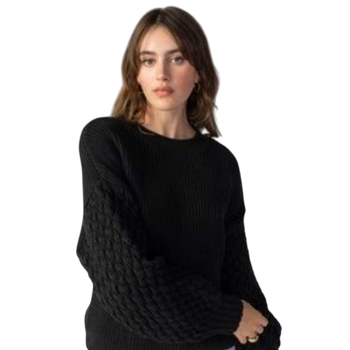 SANCTUARY Women's Drop-Shoulder Cable-Sleeve Sweater Black