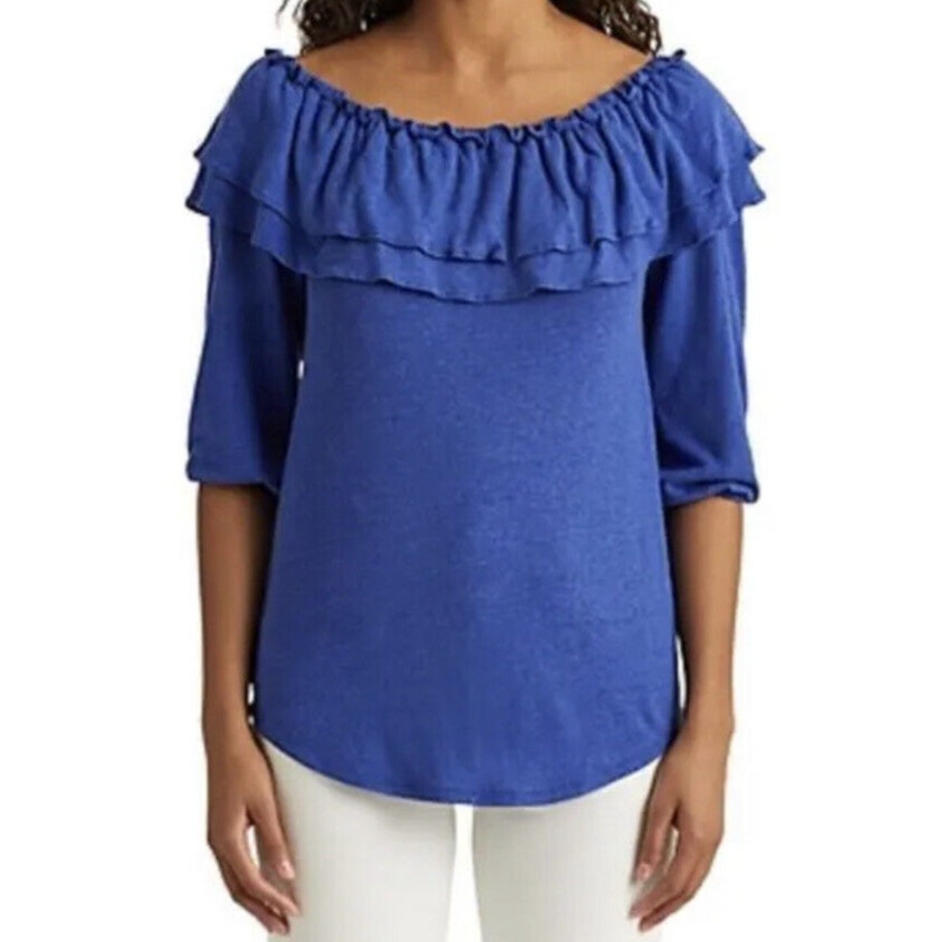 Lauren Ralph Lauren Royal Blue Ruffle Off the Shoulder Top, Size Extra Small
