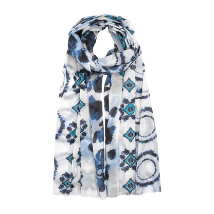 Echo Batik Patch Scarf Wrap White and Blue Print