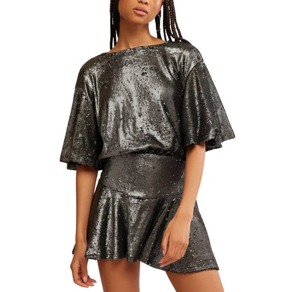 Free People Women's Manuka Sequin Flutter-Sleeve Mini Dress in Gunmetal