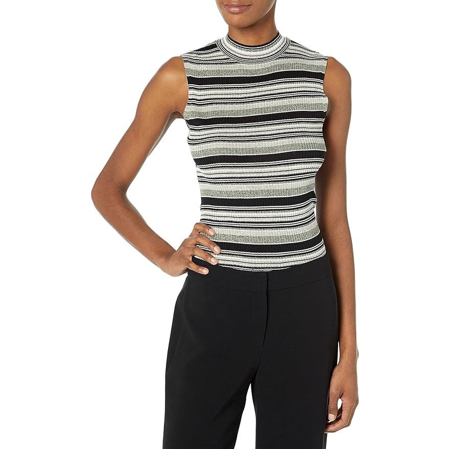 Theory Striped Mock Neck 100% Silk Ribbed Top in Denim Melange