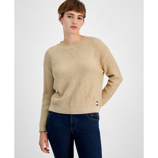 Tommy Jeans Women's Metallic-Knit Crewneck Sweater in Heather Biscuit Tan