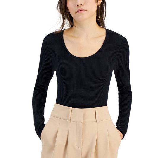 Hippie Rose Juniors Scoop Neck Long Sleeve Ribbed Bodysuit in Black