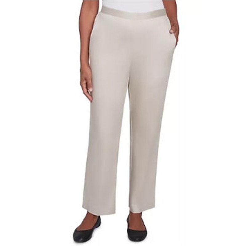 Alfred Dunner Women's Petite Sateen Woven Pull-On Pants in Almond Beige