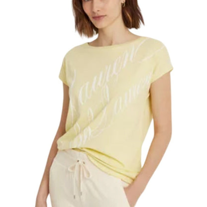 Lauren Ralph Lauren Women's Yellow Bloom Logo Script Cotton Blend Tee Shirt