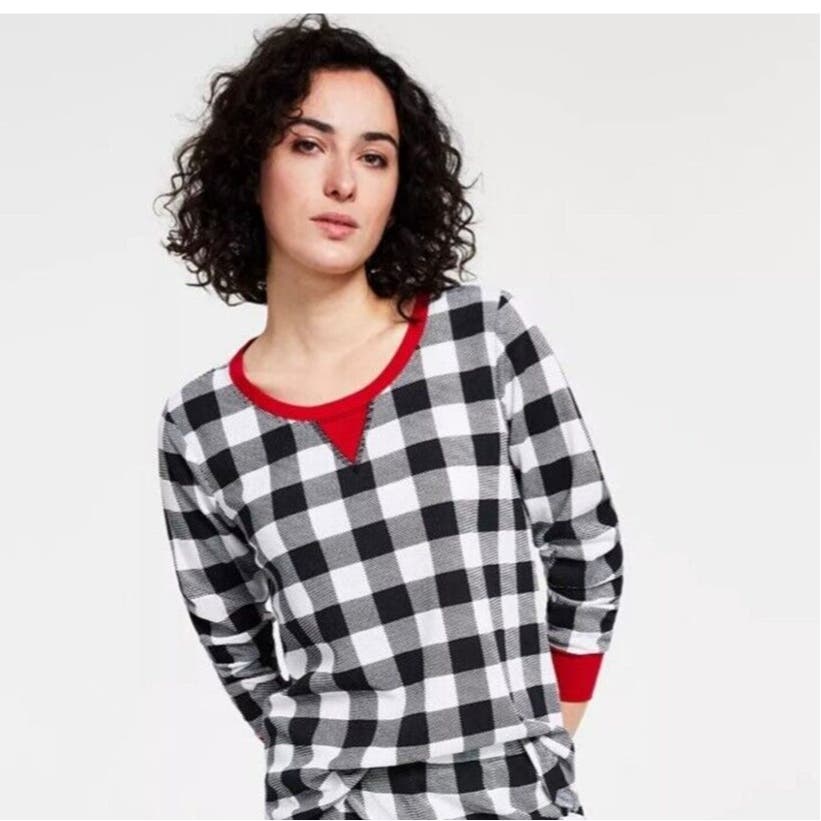 FAMILY PAJAMAS Women's Lightweight Thermal Waffle Buffalo Check Pajama Top