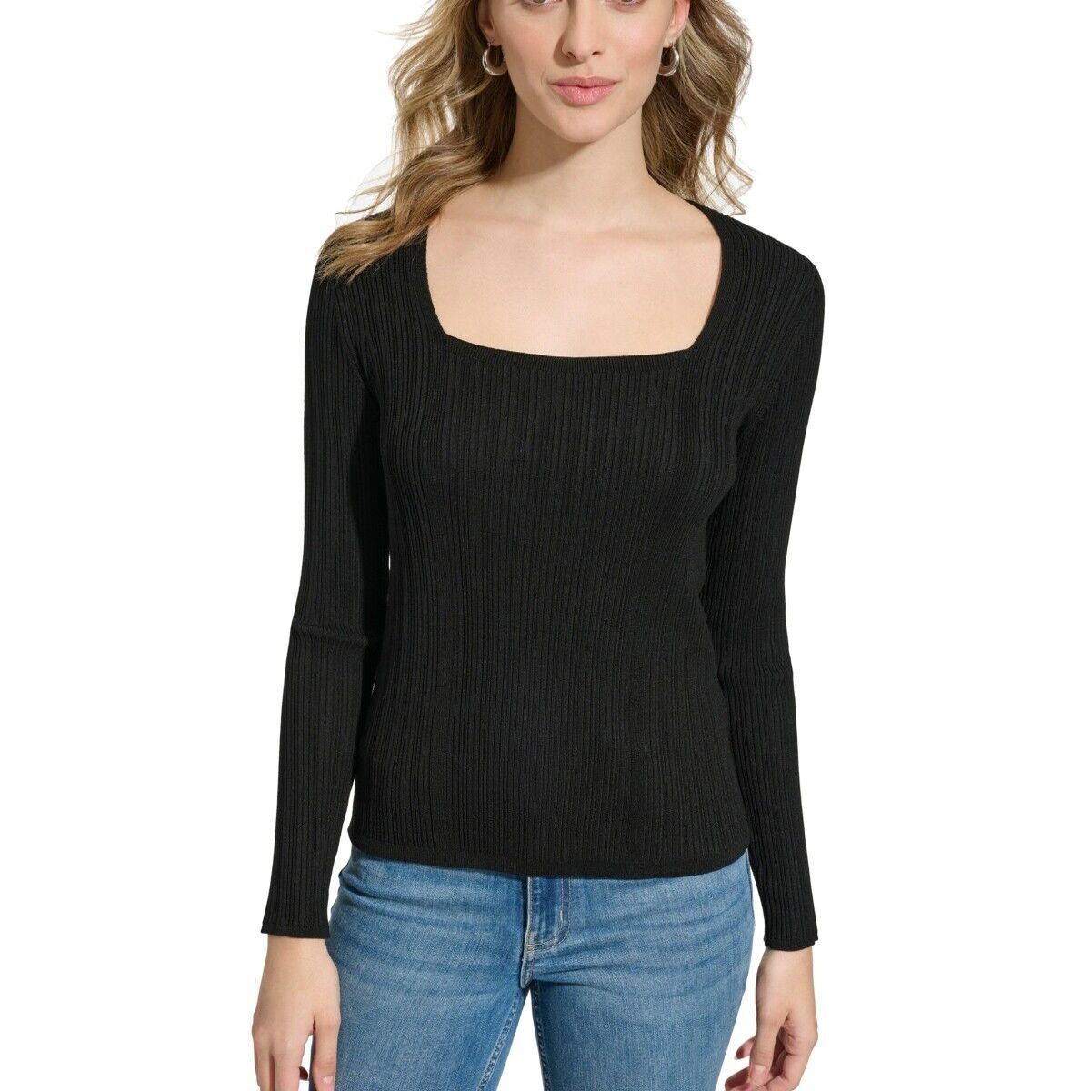 Calvin Klein Ladies Black Ribbed Square Neck Long Sleeve Top