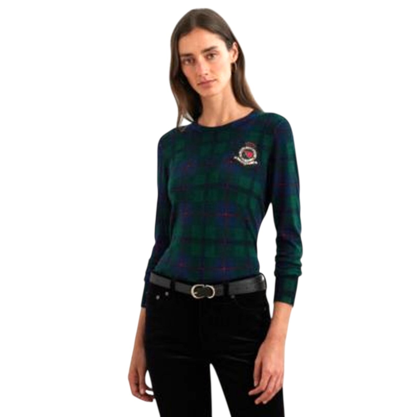 Lauren Ralph Lauren Women's Black Watch Plaid Green Sweater w/ Beaded Crest