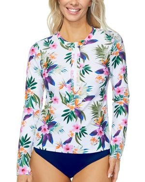 Island Escape Women's Floral-Print Half-Zip Rash Guard White Floral